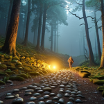 A solo investor navigates a winding path through a mystical, misty forest. The forest floor is subtly illuminated by glowing symbols representing different investment factors: an unearthed ancient gem for "Value," a vibrant, rapidly growing seedling for "Small Cap," a powerful gust of wind for "Momentum," and the solid, unyielding stones of an ancient fortress for "Quality." The overall scene should evoke a sense of strategic exploration, discovery, and the unique character of each factor within the market's ever-changing moods.