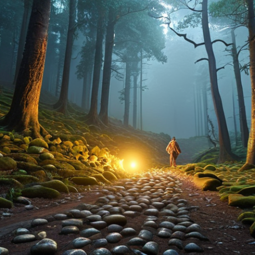 A solo investor navigates a winding path through a mystical, misty forest. The forest floor is subtly illuminated by glowing symbols representing different investment factors: an unearthed ancient gem for "Value," a vibrant, rapidly growing seedling for "Small Cap," a powerful gust of wind for "Momentum," and the solid, unyielding stones of an ancient fortress for "Quality." The overall scene should evoke a sense of strategic exploration, discovery, and the unique character of each factor within the market's ever-changing moods.