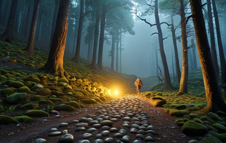 A solo investor navigates a winding path through a mystical, misty forest. The forest floor is subtly illuminated by glowing symbols representing different investment factors: an unearthed ancient gem for "Value," a vibrant, rapidly growing seedling for "Small Cap," a powerful gust of wind for "Momentum," and the solid, unyielding stones of an ancient fortress for "Quality." The overall scene should evoke a sense of strategic exploration, discovery, and the unique character of each factor within the market's ever-changing moods.
